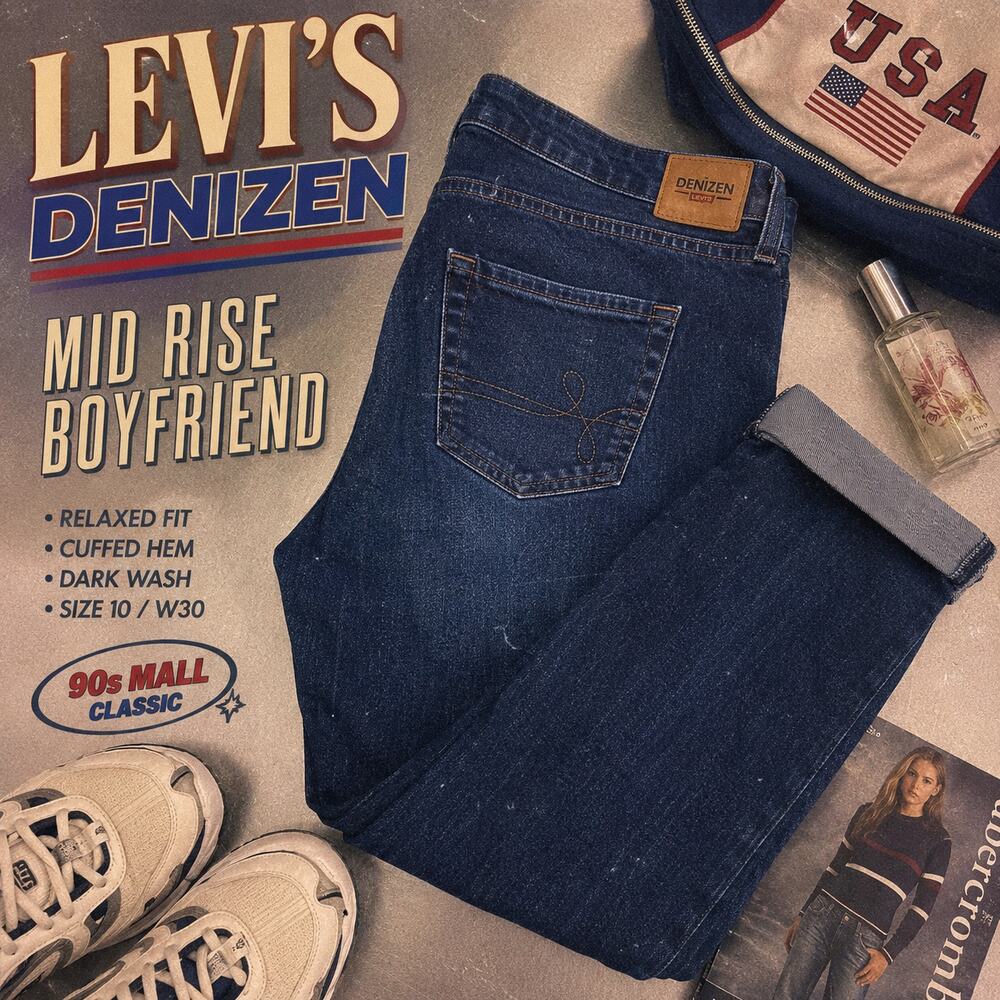 Levi’s Denizen Mid Rise Boyfriend Jeans Cuffed Dark Wash Size 10 W30
